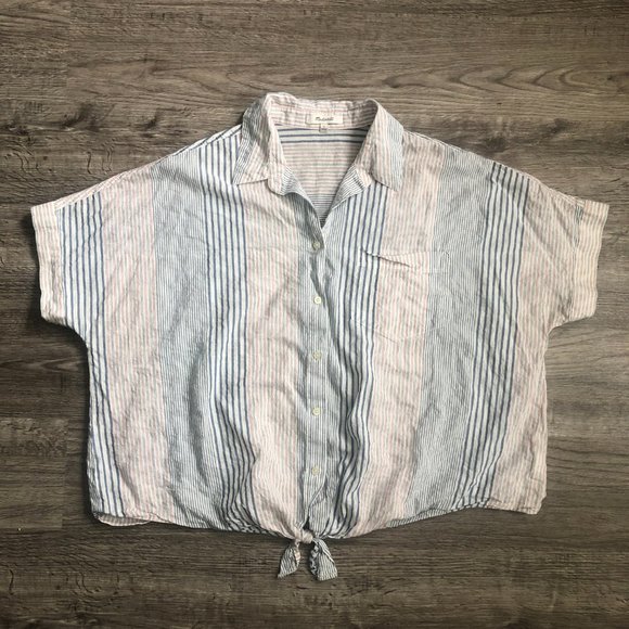 VGUC Madewell Short-Sleeve Tie-Front Collared Casual Shirt in Rawley Stripe Sz L - Picture 1 of 4